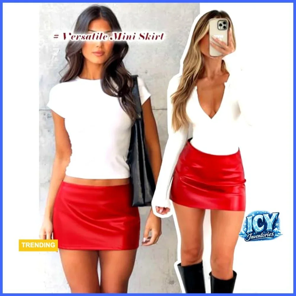 Faux Leather A-Line Mini Skort with Built-In Shorts Low Rise Stretch